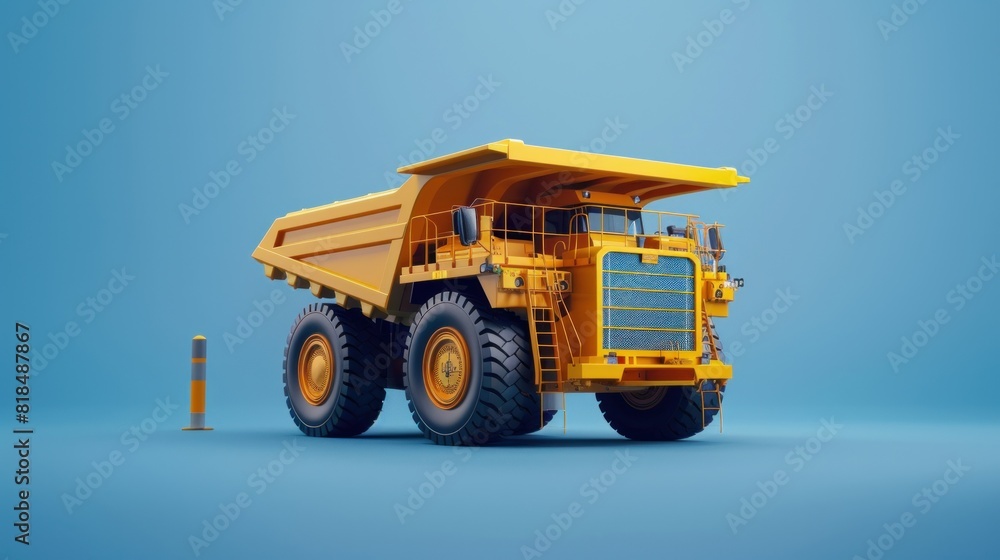 A yellow dump truck is parked in front of a yellow and red pole