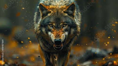 angry lone wolf walking alone in a forest path showing teeth front face ready to attack.stock immage