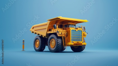 A yellow dump truck is parked in front of a yellow and red pole photo