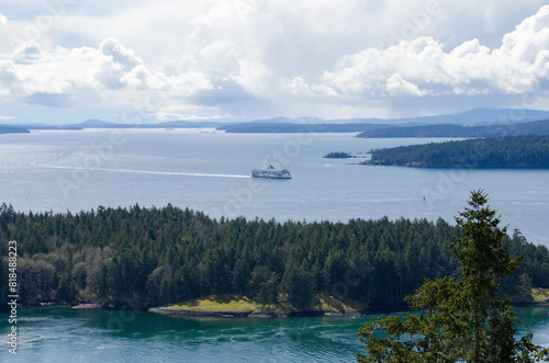 A BC ferry approaches active pass of the southern gulf island of BC Canada
