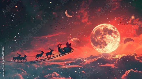 craft a playful invitation with AI-rendered Santa Claus flying across a red moonlit sky, pulling his sleigh with reindeer photo