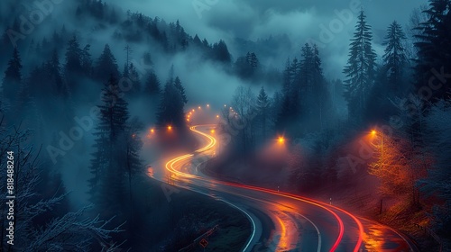 car headlights and traffic lights on a winding road through pine trees in a foggy valley at sunset captured by long exposure photography.stock photo