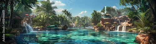Envision a water park designed to be an ecofriendly haven  blending water fun with the tranquility of a jungle