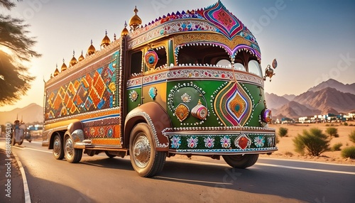 create a car on the theme of Pakistan truck art, must be decorated with precious ornaments on the road of lahore photo