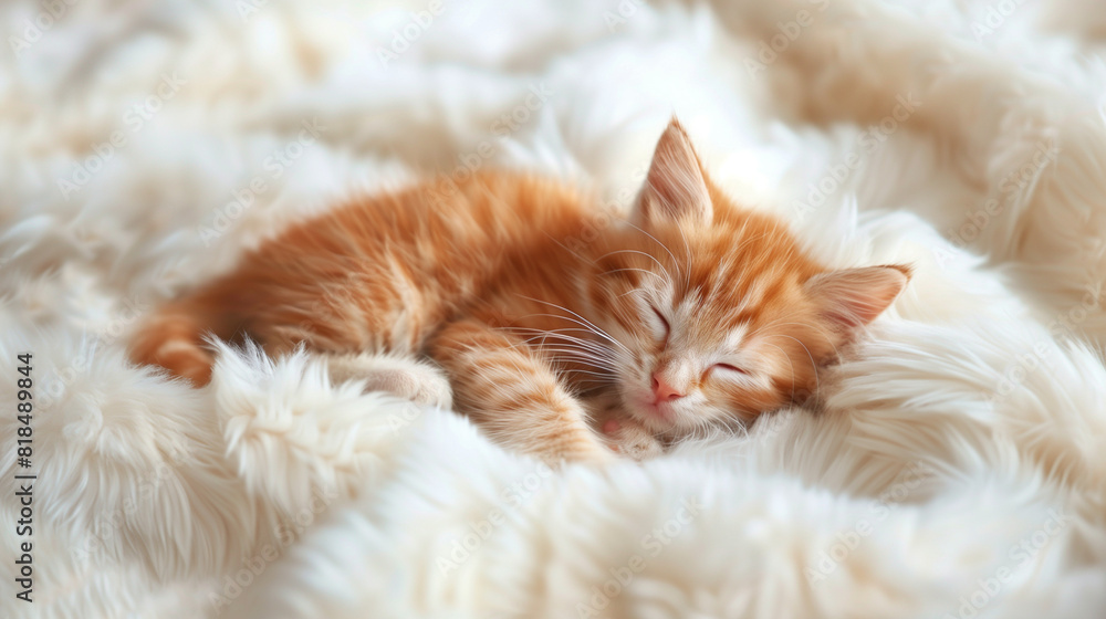 Cute little red kitten sleeps on fur white blanket Cute little red kitten sleeps on fur white blanket