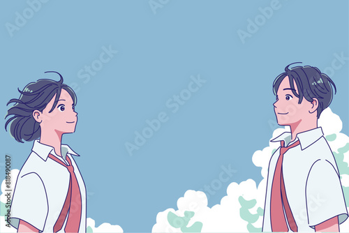 夏に向かってやる気のある笑顔の男女の学生