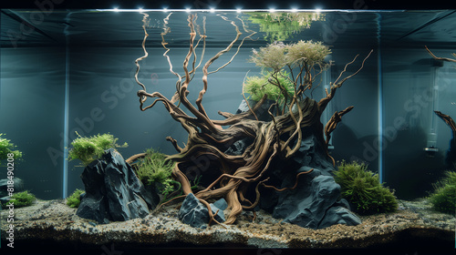 amazing aquascape aquarium with green plants and bonsai trees, Ai Generated Images © mohammad