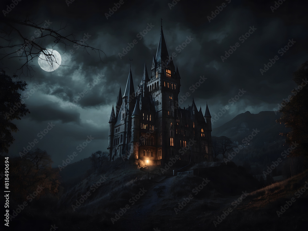 Naklejka premium Halloween Scene - Party Of Pumpkins And Zombies In Graveyard At Moonlight - Contain Moon 3D Rendering - Unrecognizable, Deformed, And Church with Reassembled Parts Design.