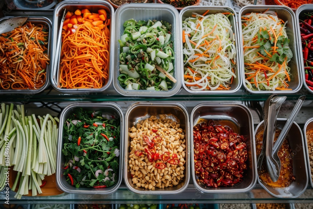 Busy Street Food Stall with Som Tam Ingredients
Busy Street Food Stall with Som Tam Ingredients