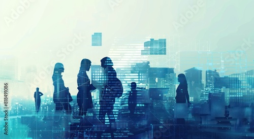 Digital collage of business people in silhouette, standing together against a background of city skyline and blue pixel pattern. Collaboration in a corporate environment. © Ka