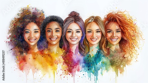 group of diverse young woman smiling together positive and united watercolor illustration on white background diversity concept.llustration graphic