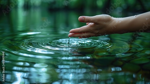 a hand touching the surface of pure green water of the river in nature on a sunny day symbolic and ecological gesture for conservation of natural resources.stock photo photo