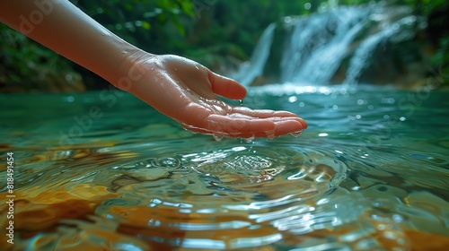 a hand touching the surface of pure green water of the river in nature on a sunny day symbolic and ecological gesture for conservation of natural resources.illustration,stock photo photo