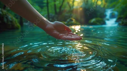 a hand touching the surface of pure green water of the river in nature on a sunny day symbolic and ecological gesture for conservation of natural resources.illustration photo