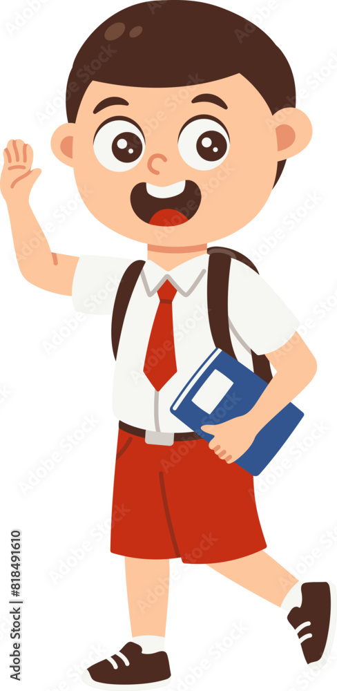 Primary school student in uniform ready to go to school, Child avatar returns to school cartoon Primary school student in uniform ready to go to school, Child avatar returns to school cartoon