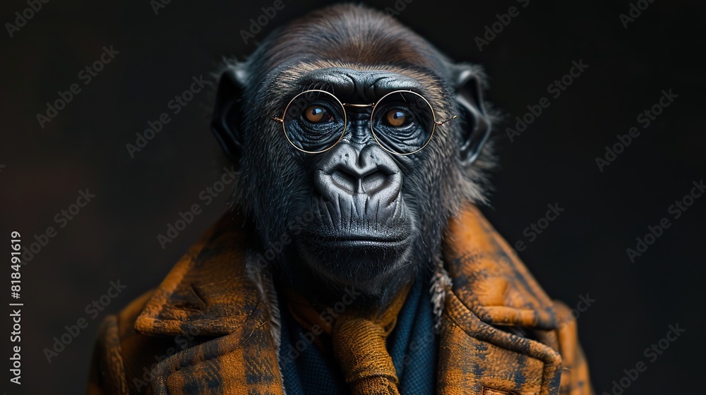 gorilla dressed in an elegant and modern suit with a nice tie fashion portrait of an anthropomorphic animal monkey shooted in a charismatic human attitude .illustration,stock photo gorilla dressed in an elegant and modern suit with a nice tie fashion portrait of an anthropomorphic animal monkey shooted in a charismatic human attitude .illustration,stock photo