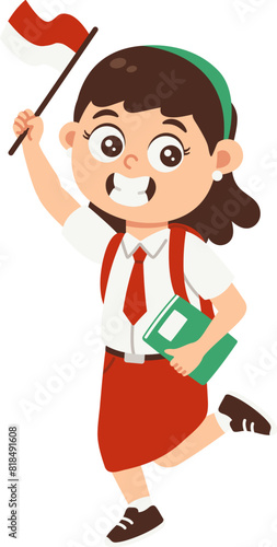 Primary school student in uniform holding books and indonesian flag, Back to school girl avatar