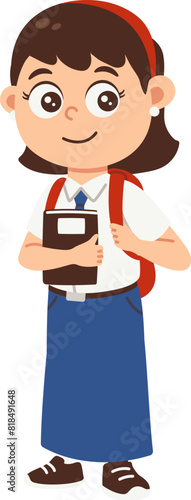 Back to school girl avatar cartoon, Middle school student in blue white uniform holding books