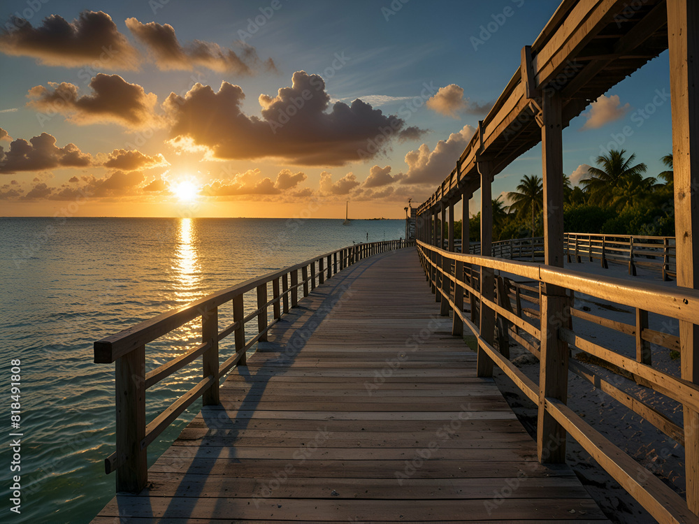 Panorama view of footbridge to the Smathers beach at sunrise - Key West, Florida. Panorama view of footbridge to the Smathers beach at sunrise - Key West, Florida.