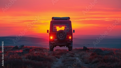 a van traveling at sunset in nature on a canyon path for a road trip to adventure and freedom.stock immage photo