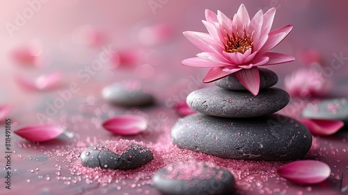 zen stones velvet sand and lotus flower on pink background witn copy space wellness and harmony massage and bodycare spa and wellness concept.stock photo