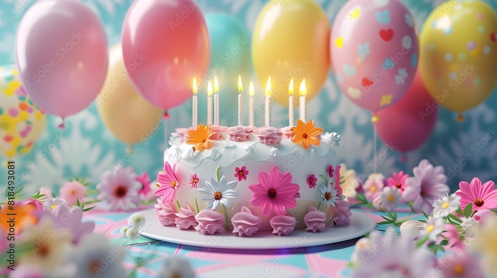 Vibrant 3D Rendered Birthday Cake with Lit Candles Pastel Balloons and Colorful Floral Bouquet Against Patterned Fantasy Background Vibrant 3D Rendered Birthday Cake with Lit Candles Pastel Balloons and Colorful Floral Bouquet Against Patterned Fantasy Background