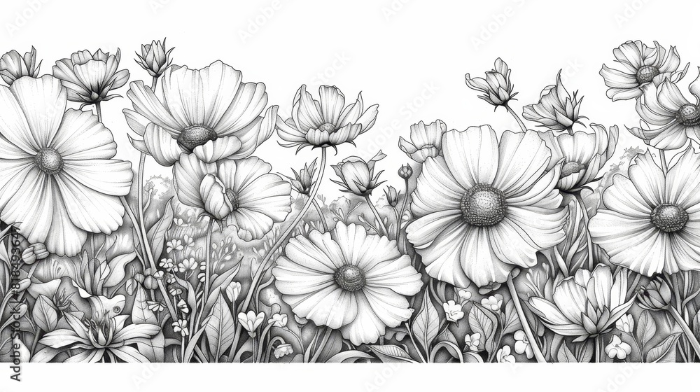 coloring book Black and white image of a field of flowers. coloring book Black and white image of a field of flowers.