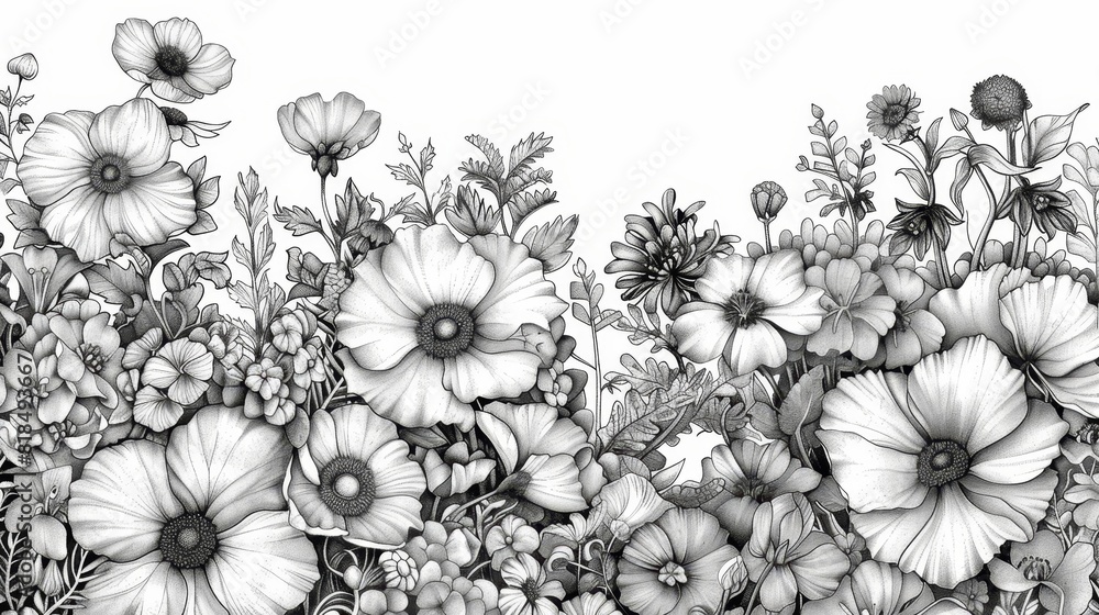 coloring book Black and white image of a field of flowers. coloring book Black and white image of a field of flowers.