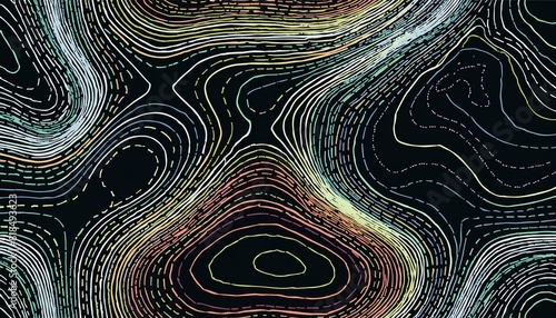 Seamless psychedelic rainbow ridged topological map pattern background texture. Trippy hippy abstract wavy swirls dopamine dressing style fashion motif. Bright colorful neon retro wall