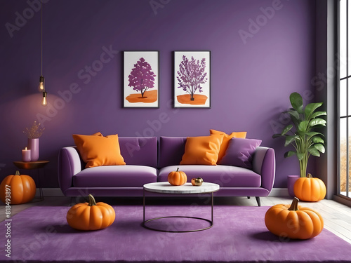 Interior of purple and orange living room with comfortable sofa and pumpkin decor design. 3d rendering © Mahmud