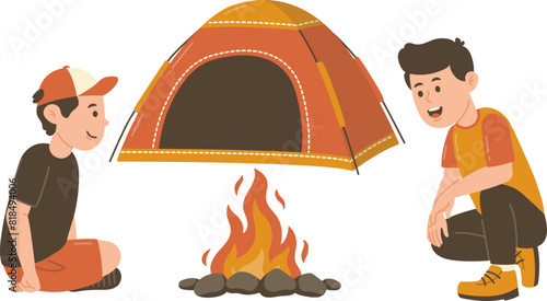 Man Hiking Character Camping in Forest with Tent and Lighting Campfire photo