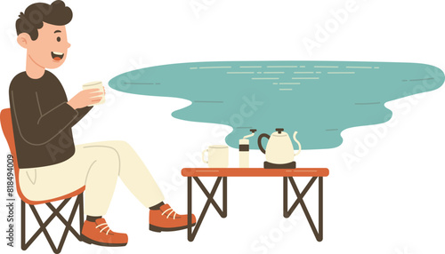 Man Character Camping beside Lake Sitting on Folding Chair and Drinking Coffee photo