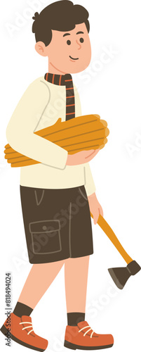 Men Character Holding Axes and Firewood for Campfire