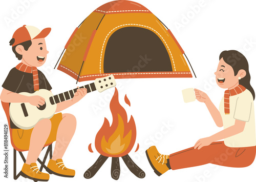 Hiking Couple Character Enjoys Camping by Playing Guitar Music beside Tent and Campfire photo