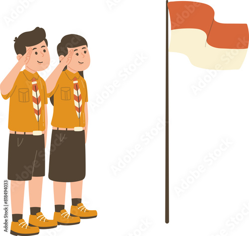 Anak berseragam Pramuka Hormat pada Bendera Indonesia photo