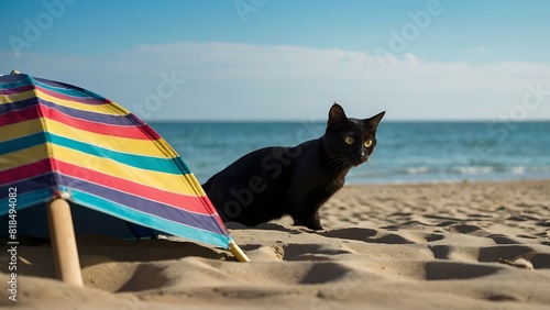 A black cat is lying on the beach next to a rainbow umbrella.