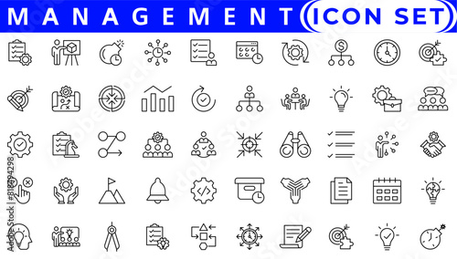 Office and business flat icons set. Workplace, teamwork, desk, partnership, planning, coworking, management icons and more signs. photo