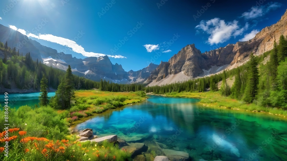 A mountain lake with crystal clear blue water surrounded by snow-capped mountains and green trees.