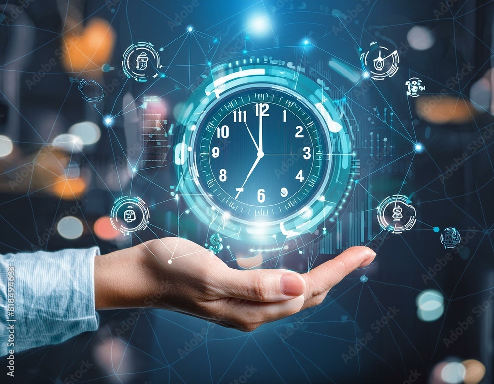 Futuristic time clock hand and clock face digital transformation abstract technology background. Business growth currency stock timer and investment economy.