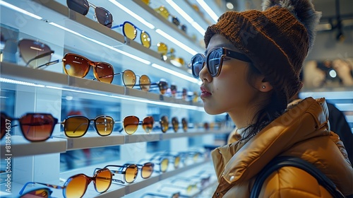 A Chinese woman enters an eyeglass store, rows of various eyeglass frames in front of them. The frames are neatly arranged on display shelves. Generative AI.