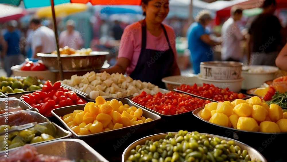 A colorful display of fruits and vegetables at a market.

