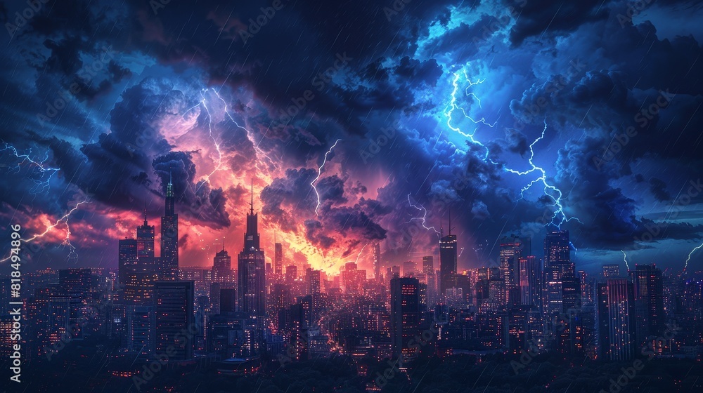 Multiple lightning strikes during thunderstorm, dramatic illumination of cityscape. Multiple lightning strikes during thunderstorm, dramatic illumination of cityscape.