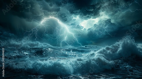Ocean thunderstorm  lightning illuminates churning waves  dramatic contrast.