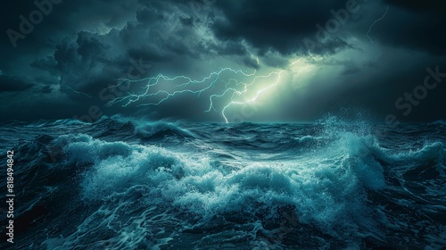 Thunderstorm over ocean  lightning illuminates churning waves in dramatic contrast