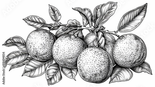 coloring book The image shows a detailed drawing of a branch of a citrus tree with leaves, flowers, and fruits. photo