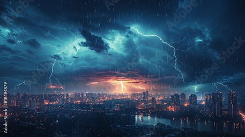 Cityscape illuminated by multiple lightning strikes  powerful thunderstorm display.