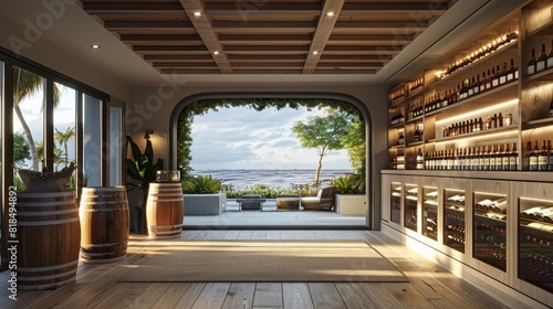 Wine room, coastal style, interior design. Generative AI. © visoot