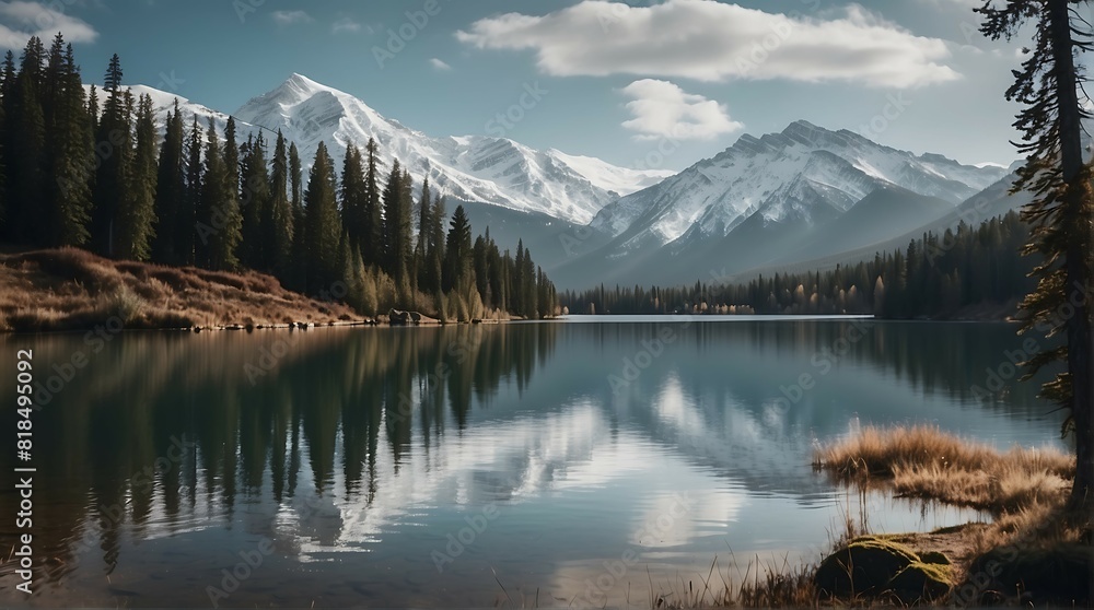 A beautiful mountain lake with crystal clear water reflecting the mountains and trees
