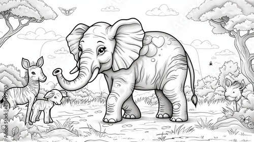 coloring book The majestic elephant stands tall in the African savanna, surrounded by a herd of curious animals. The elephant calf is safe and content under the watchful eyes of its mother. photo