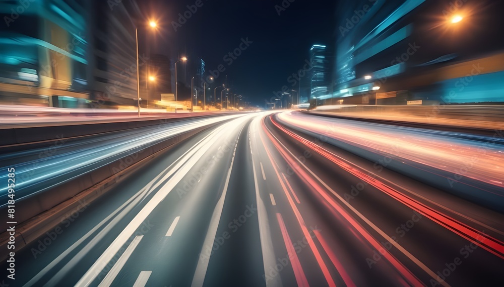 High speed urban traffic on a city highway during evening rush hour, car headlights and busy night transport captured by motion blur lighting effect and abstract long exposure photography